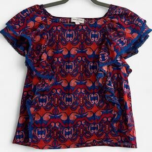 Marc New York Bold Colorful Boho Style Blouse with Ruffles and Crochet Trim